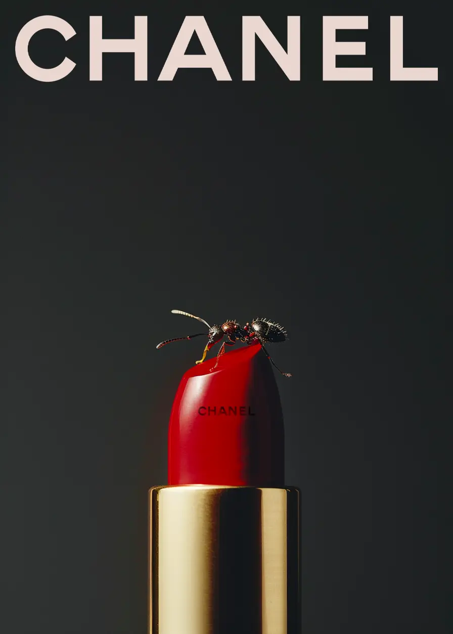 AI-generated red lipstick ant visual created by Officine AI