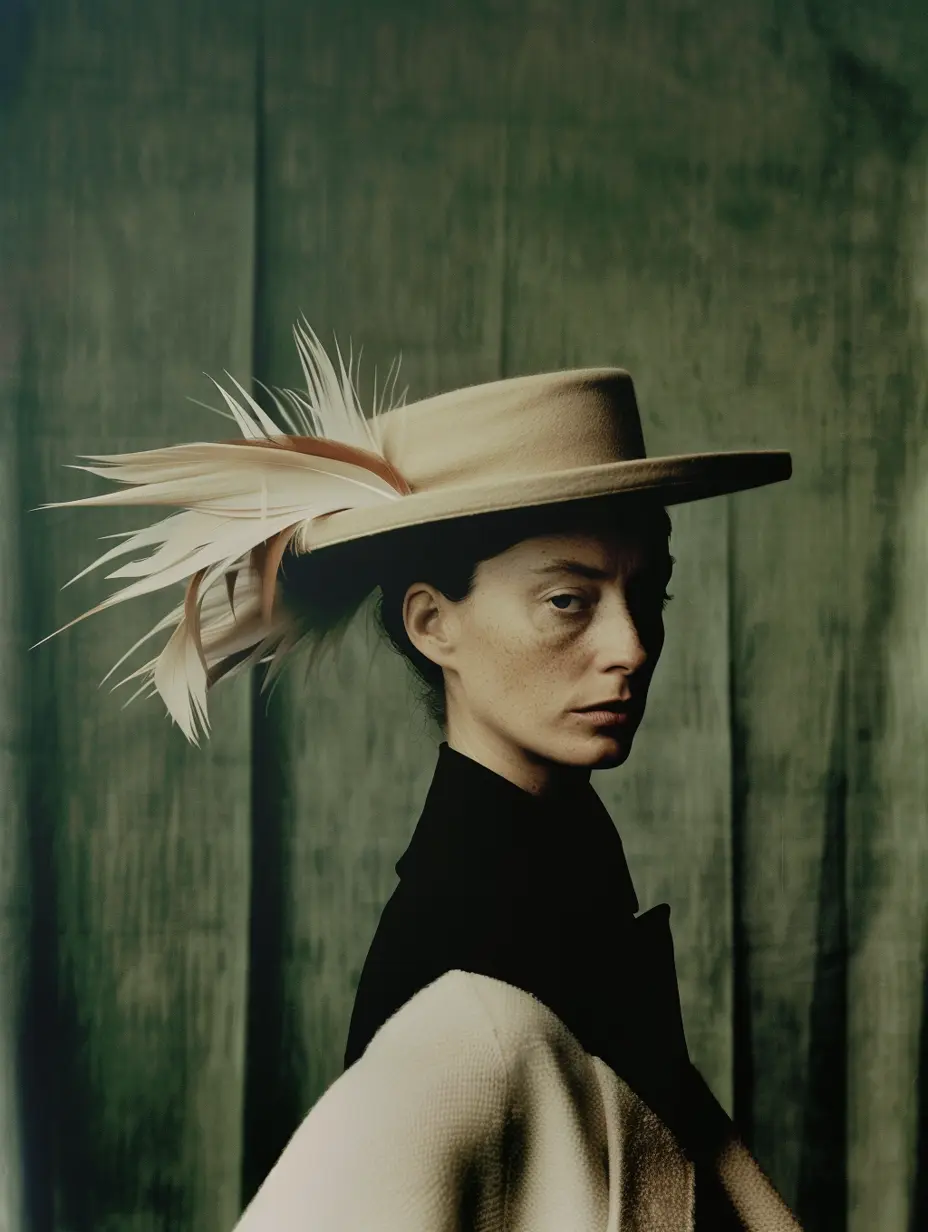 AI-generated feather hat fashion portrait visual created by Officine AI