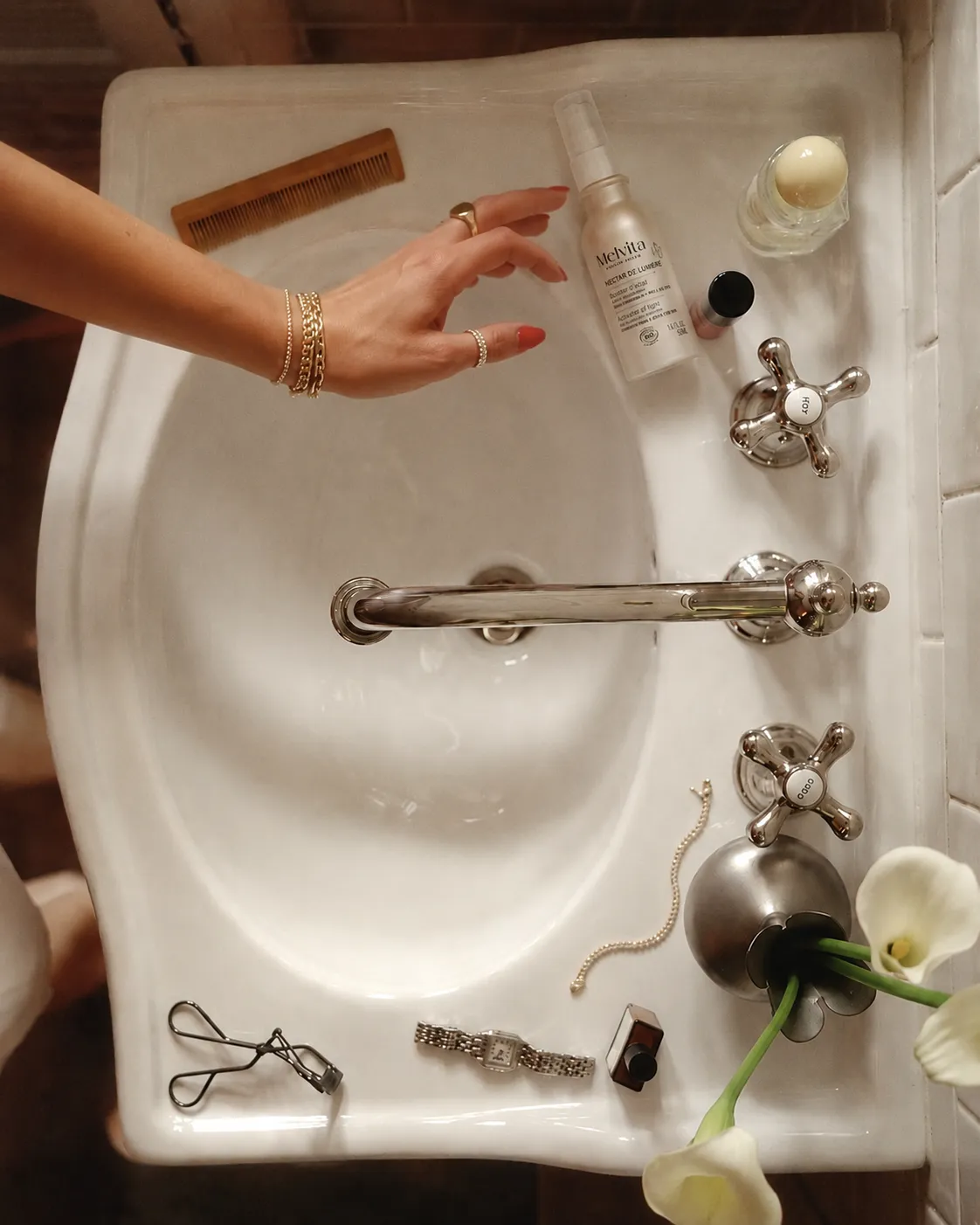 AI-generated bathroom sink flatlay visual created by Officine AI