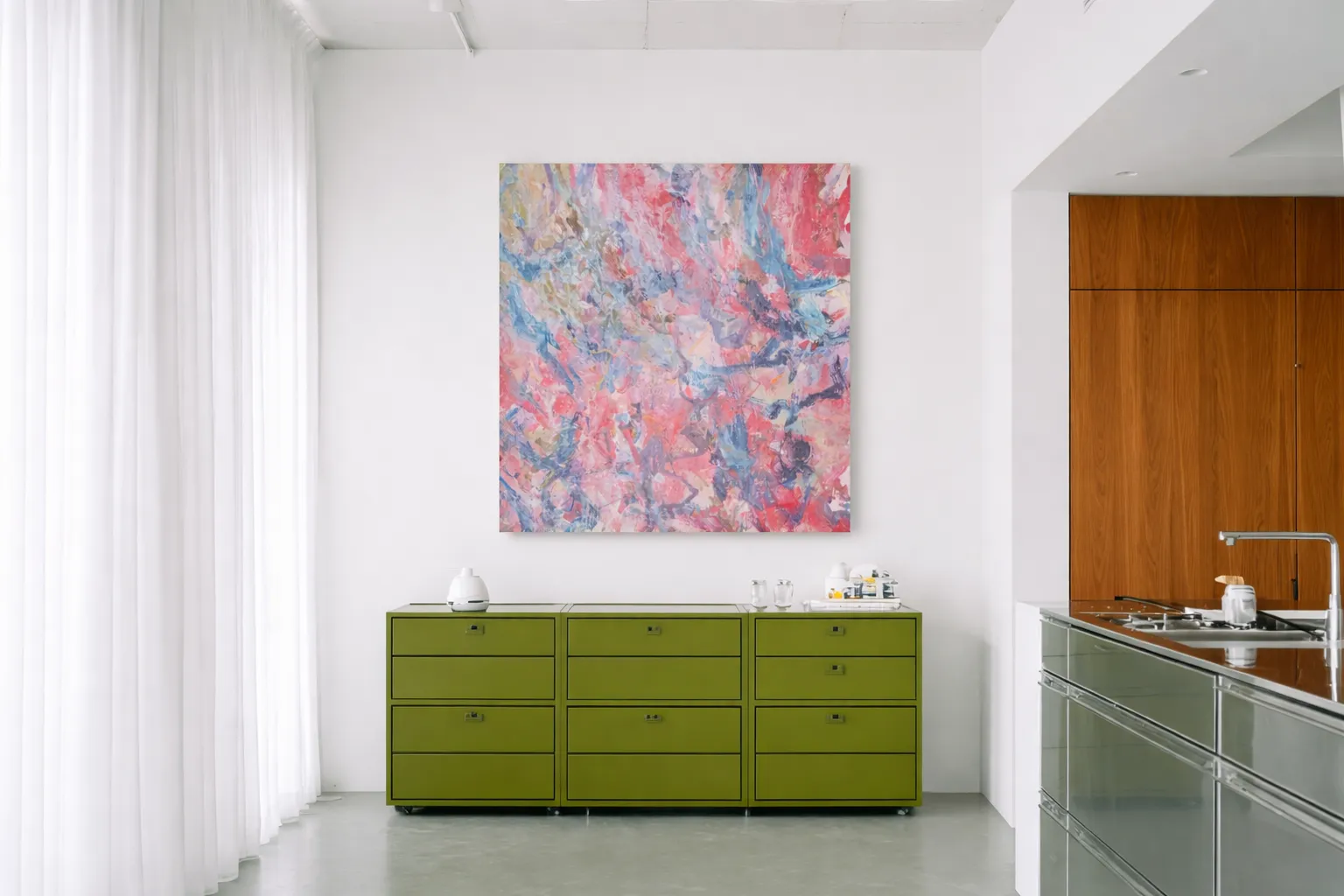 AI-generated modern kitchen green sideboard art visual created by Officine AI