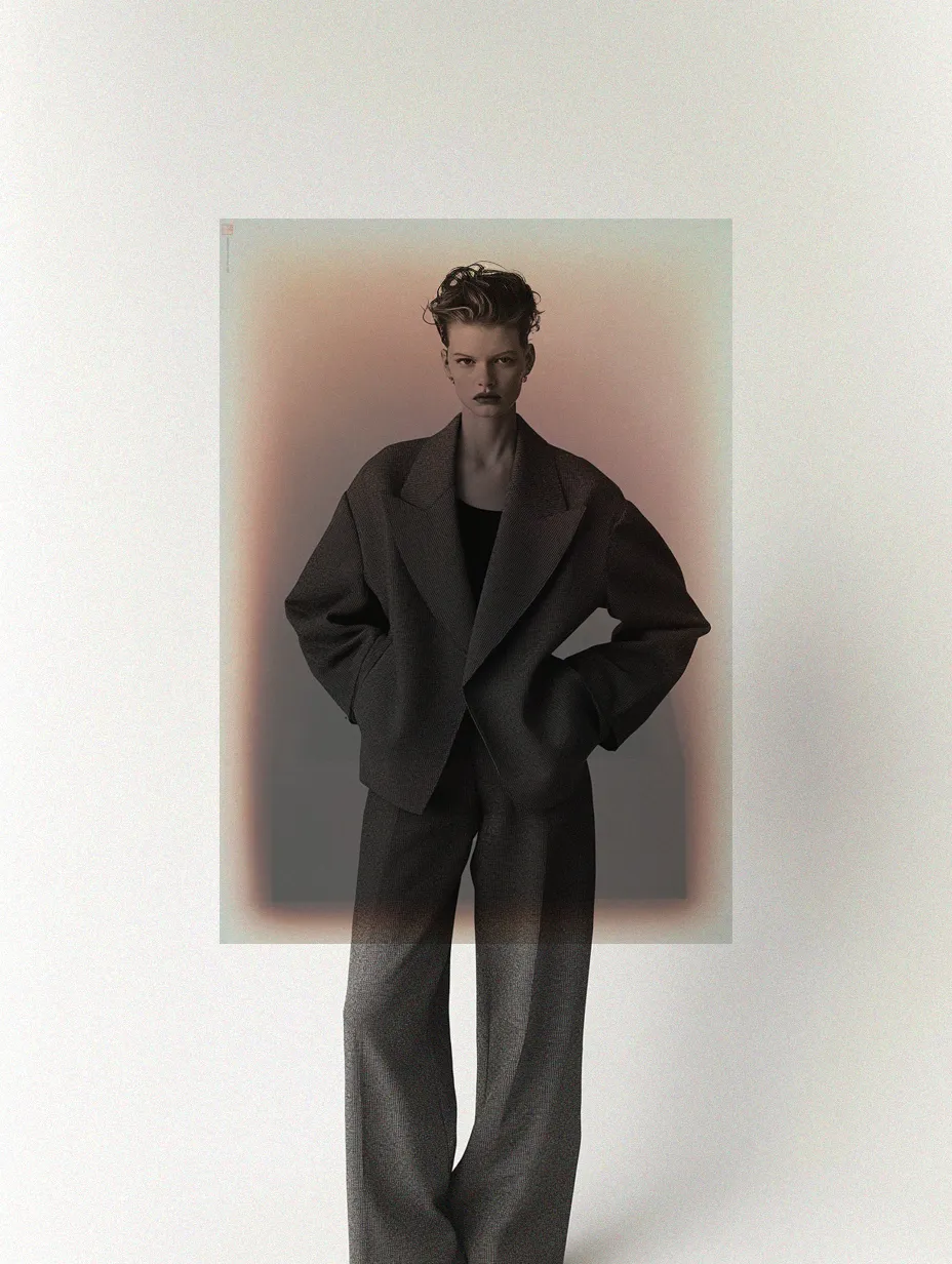AI-generated oversized suit fashion portrait visual created by Officine AI