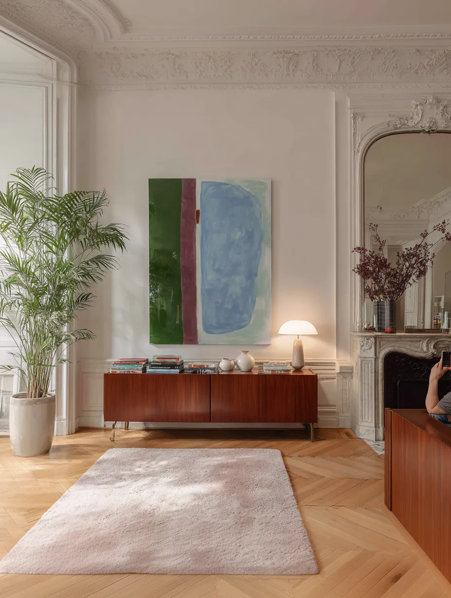 AI-generated parisian interior abstract art sideboard visual created by Officine AI