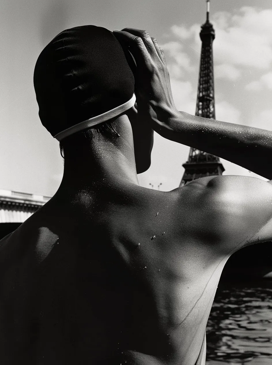 AI-generated swimwear eiffel tower editorial visual created by Officine AI