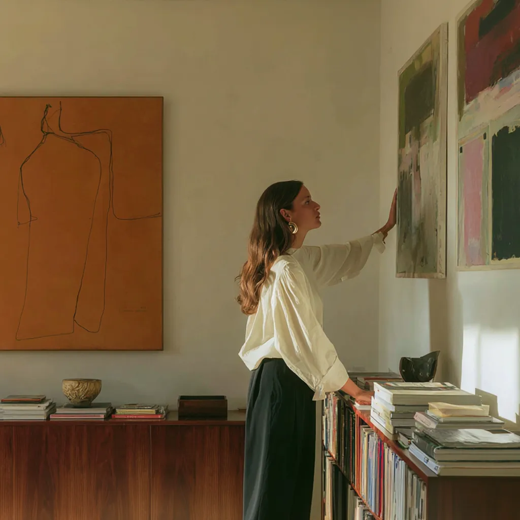 AI-generated woman hanging art interior visual created by Officine AI
